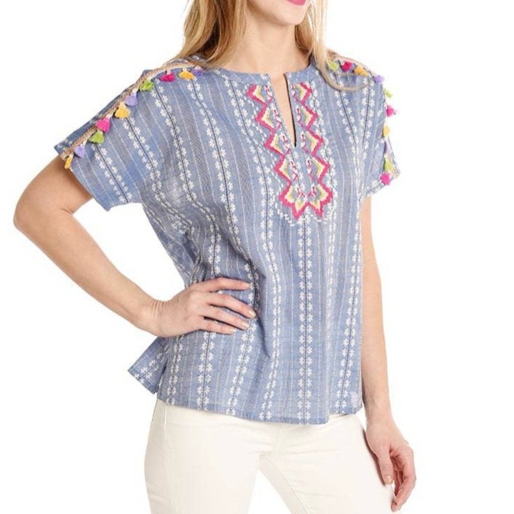 THML‎ Women’s Short Sleeve Shift Top with Tassel Trim Blue Small